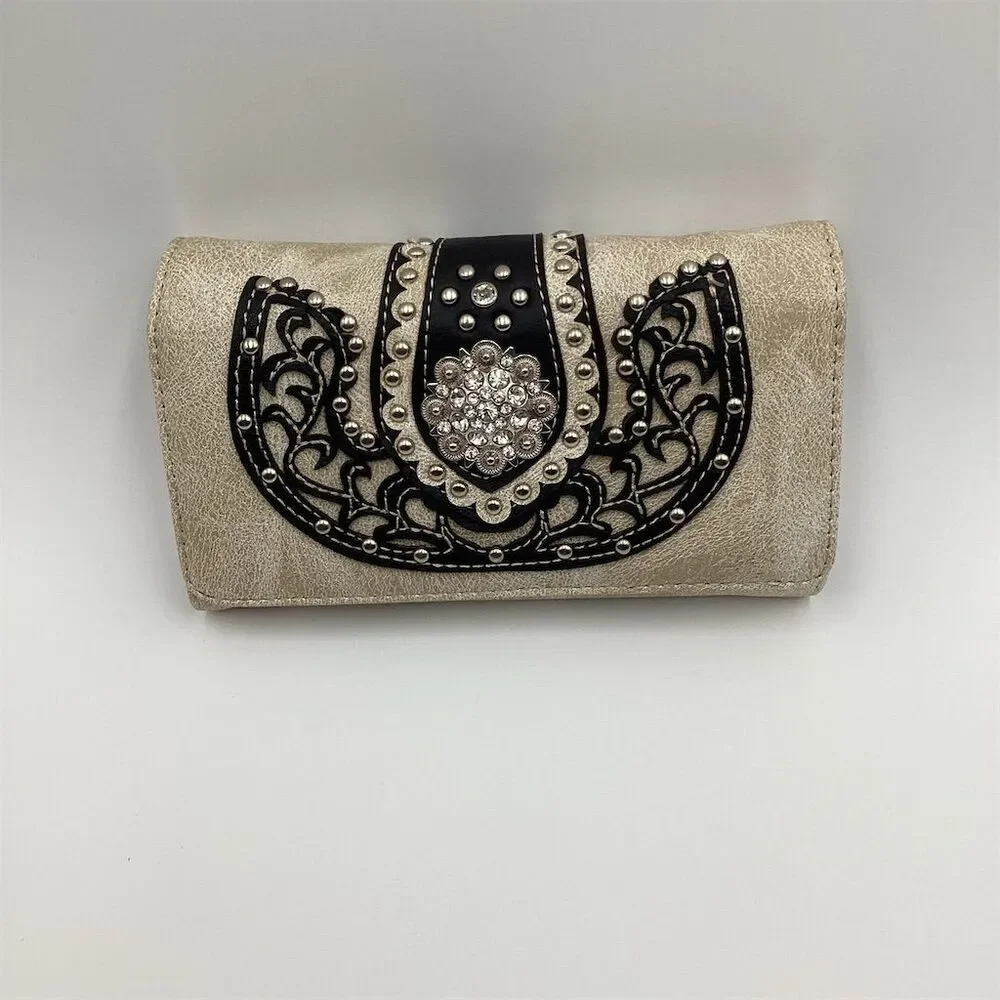 Unbrandred Women's Beige Trifold Wallet Rhinestone‎ Buckle Floral Design